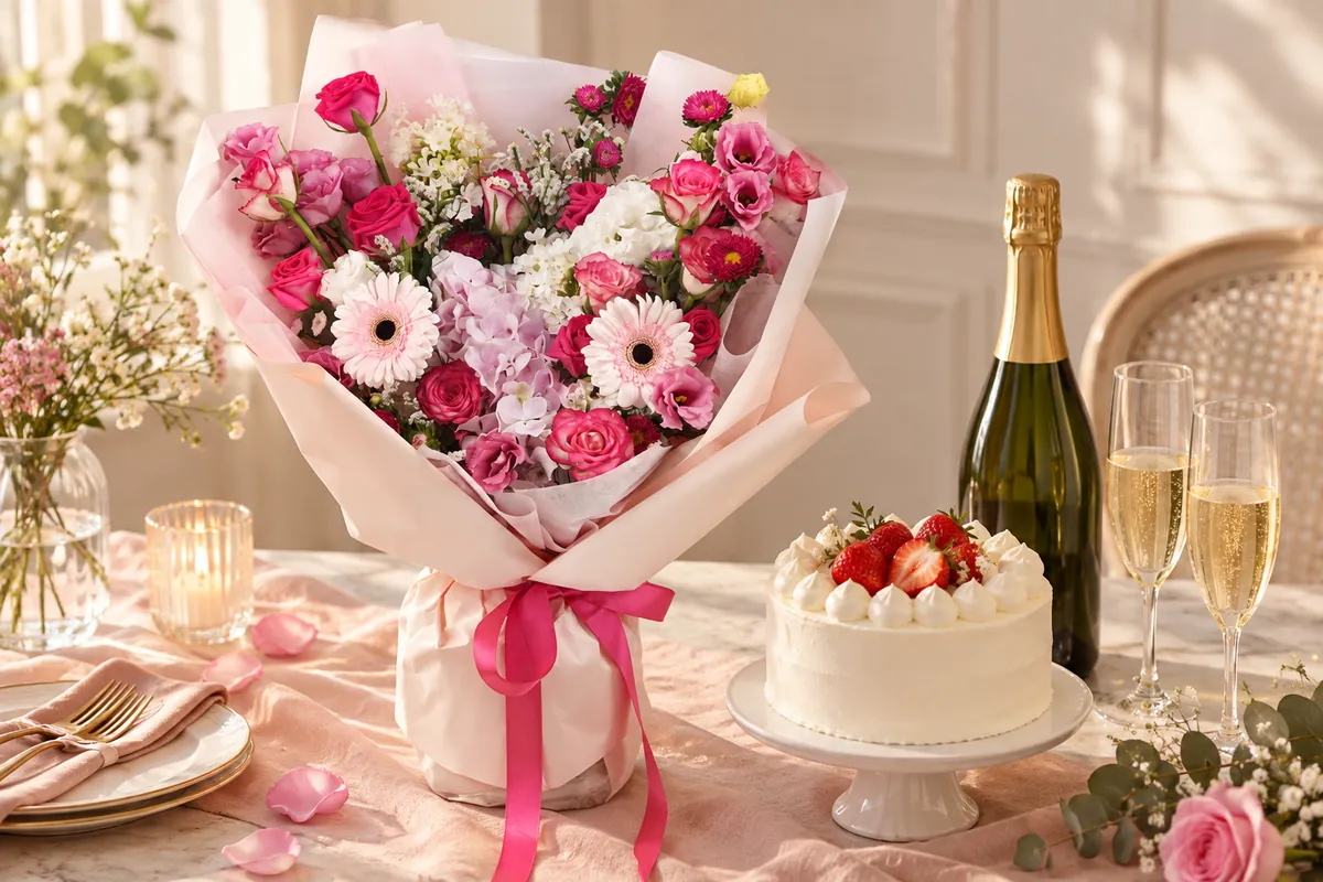 A bouquet beside a cream cake and champagne on a table