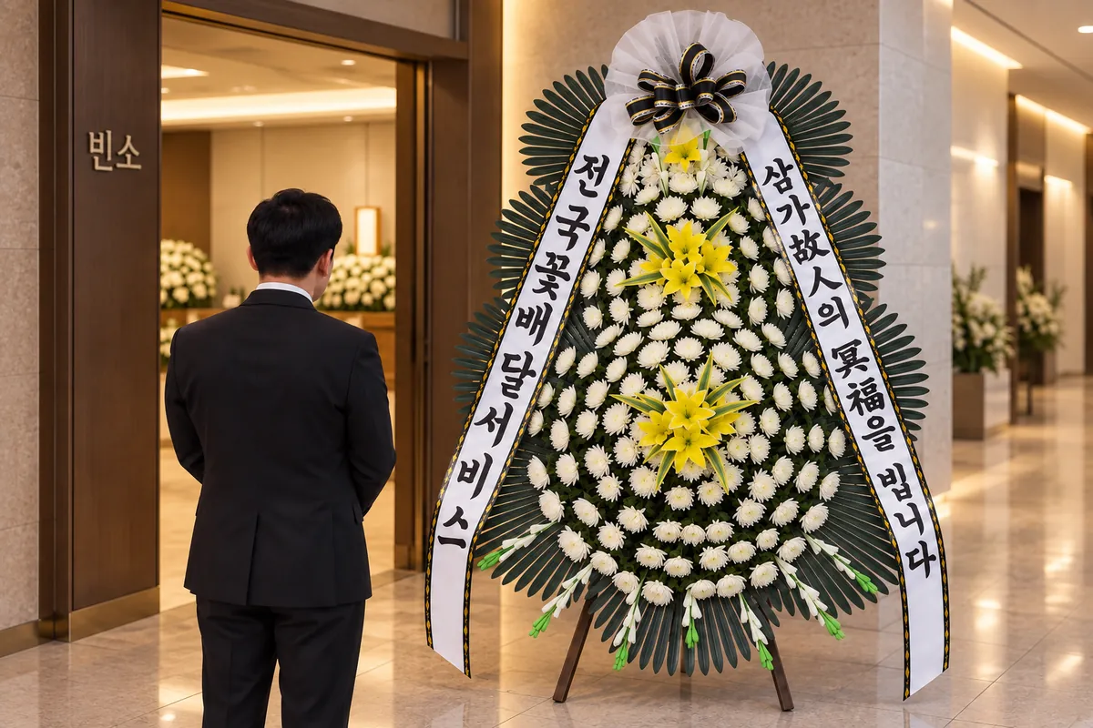 A man in a dark suit standing before a funeral wreath at the hall entrance