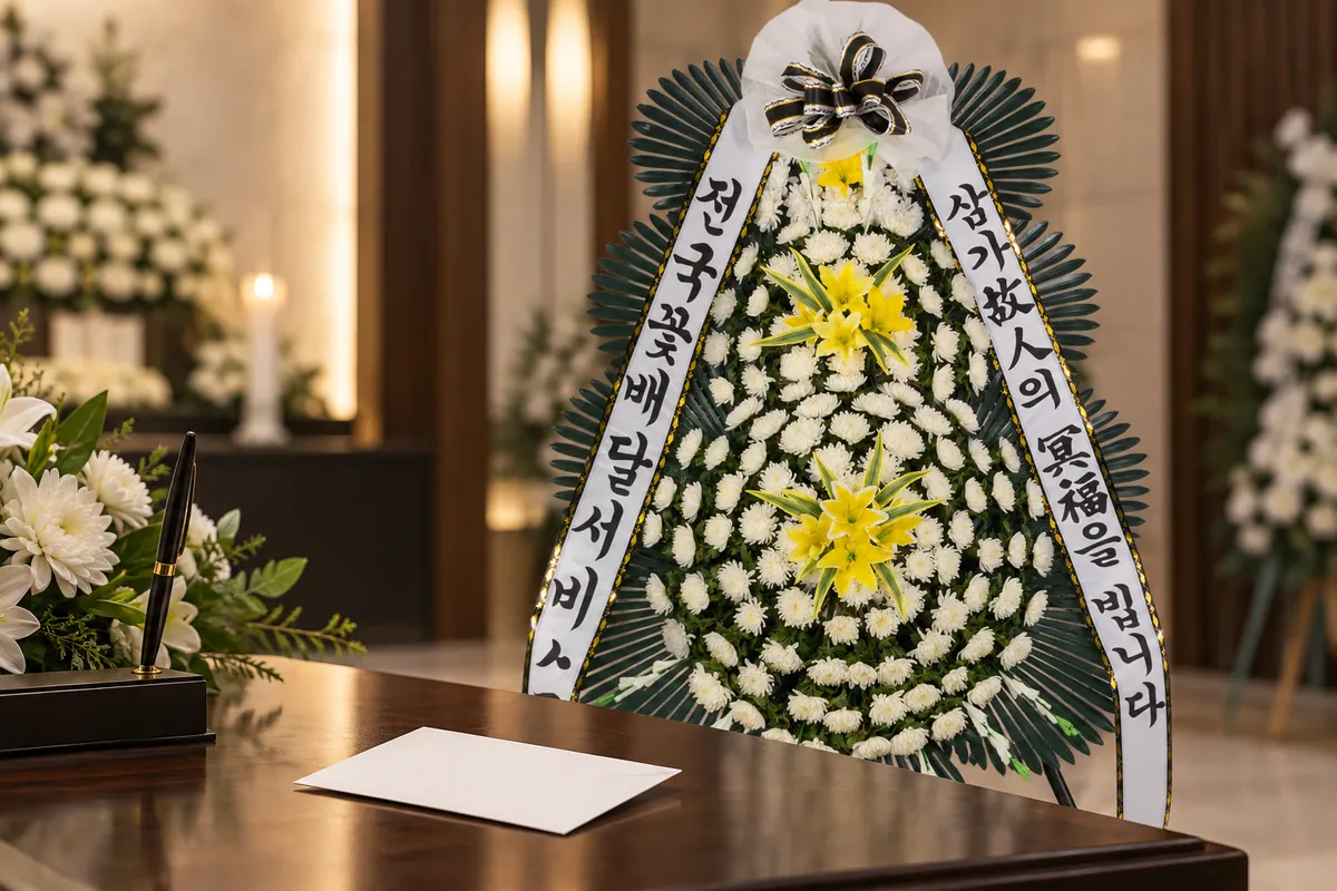 A white envelope on a table in front of a funeral wreath