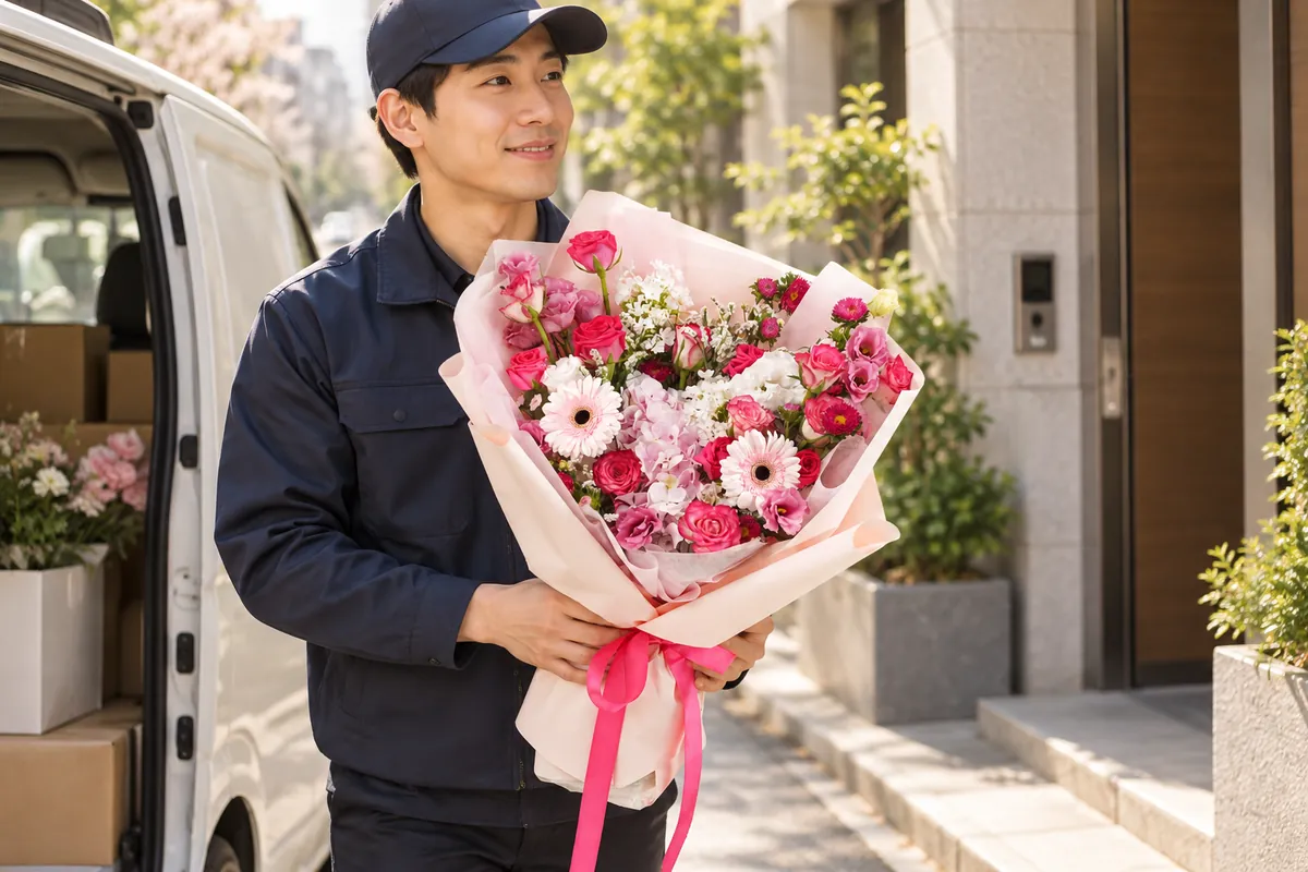 A delivery man carrying a bouquet from the van to a building