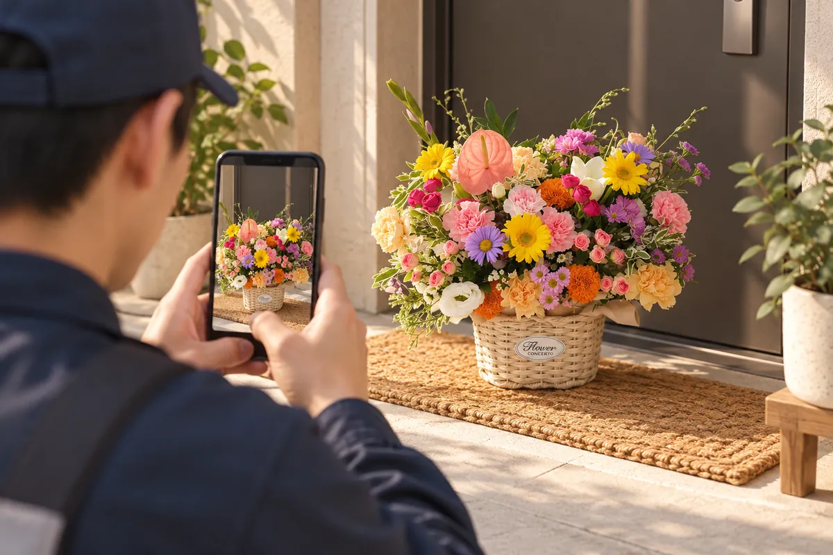 A delivery man photographing a flower basket left at a doorstep