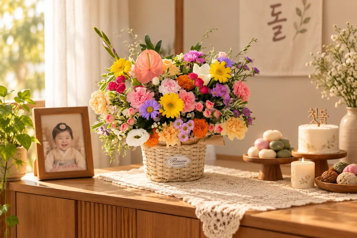 A flower basket on a first-birthday table with a baby photo and rice cakes