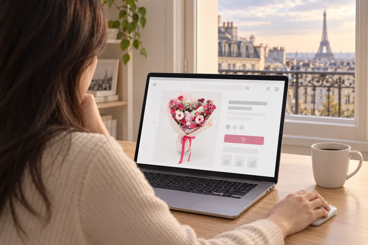 A woman ordering flowers on a laptop at a desk by a window