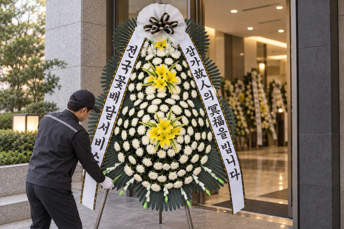 A delivery man setting a white funeral wreath at the entrance of a funeral hall