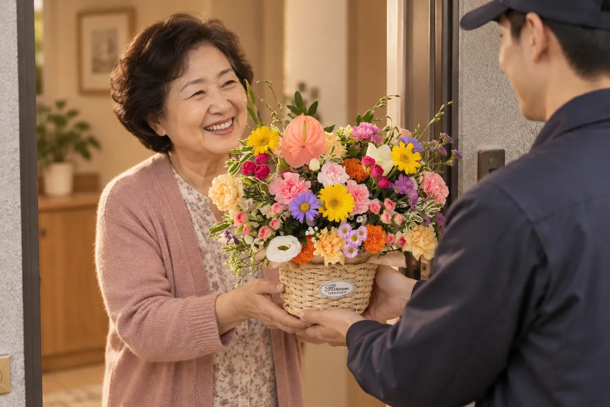 A delivery driver handing a flower basket to an older woman at her door