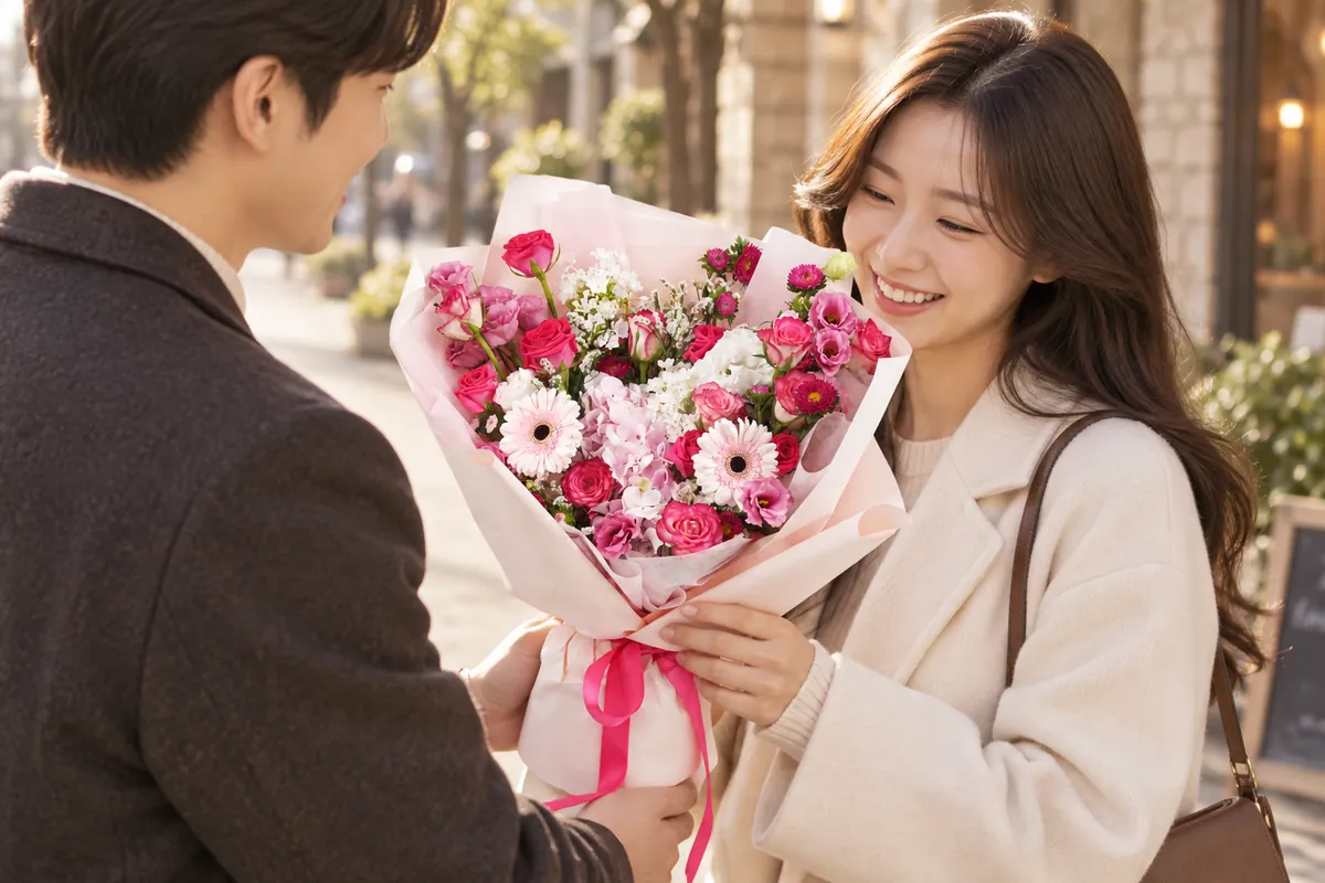 A man handing a pink bouquet to a smiling woman on a street
