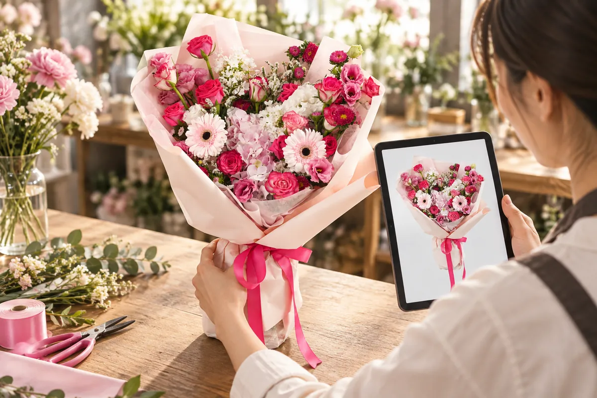 A florist comparing a finished bouquet with the photograph on a tablet