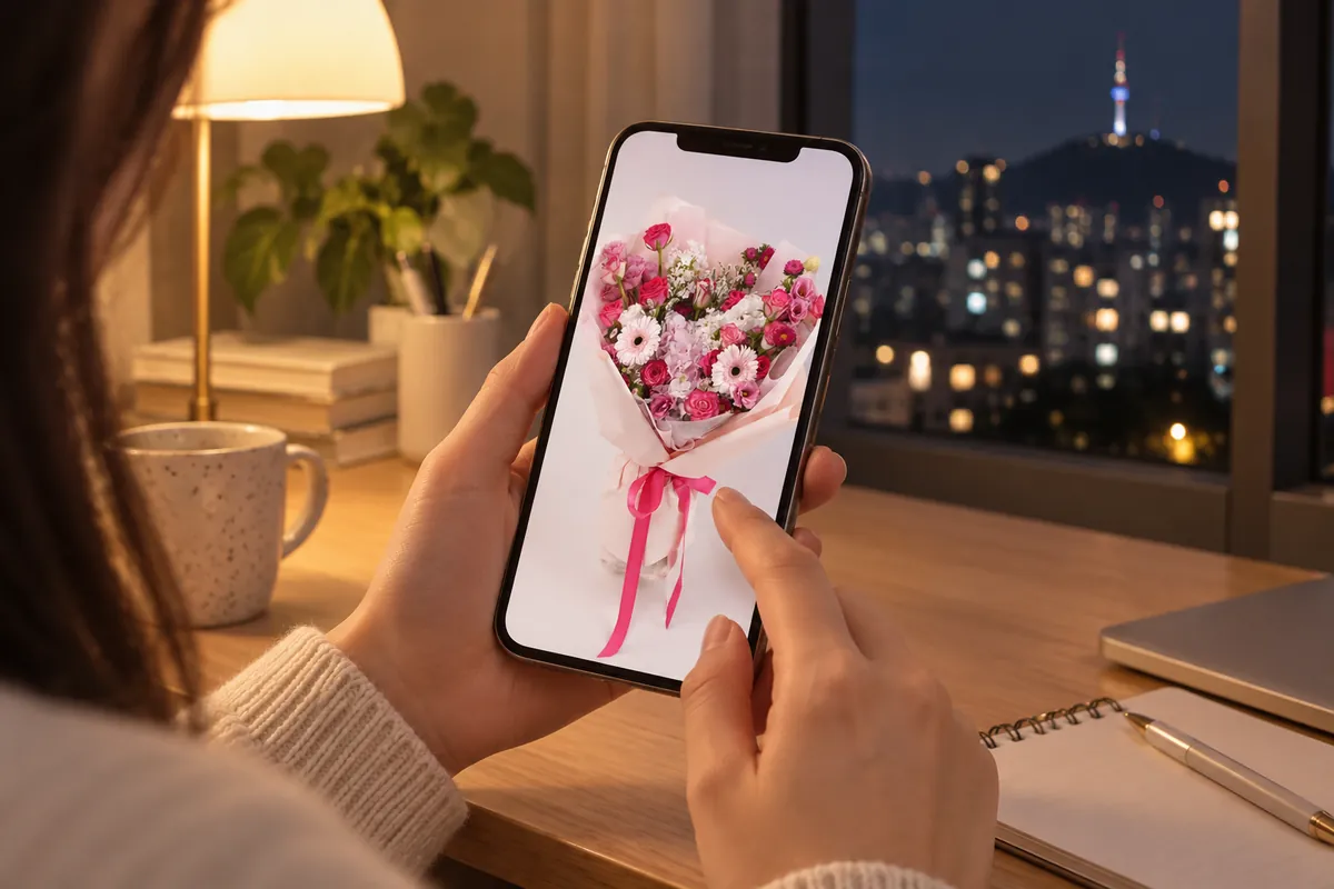 Hands ordering flowers on a phone at night, city lights outside the window