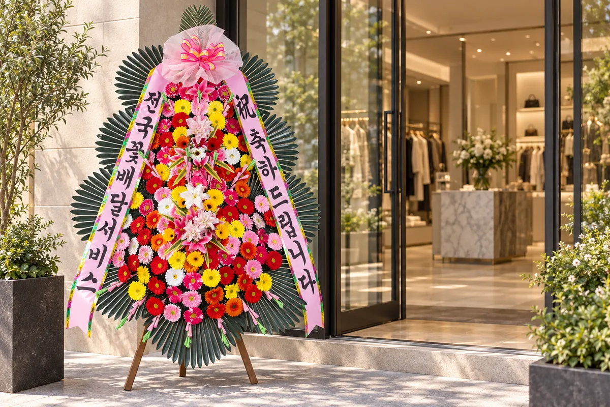 A congratulatory wreath standing outside a newly opened shop