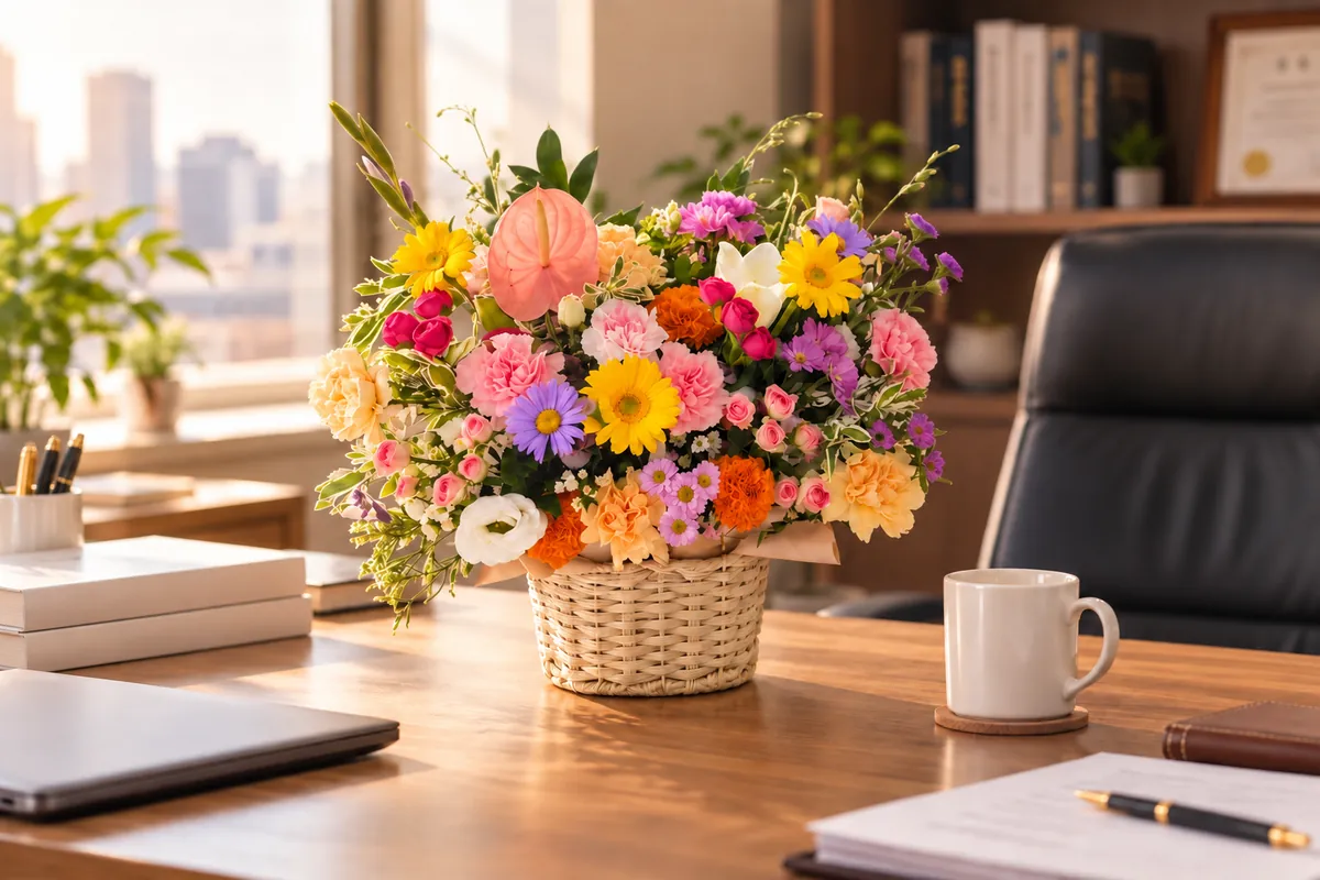 A flower basket on an office desk
