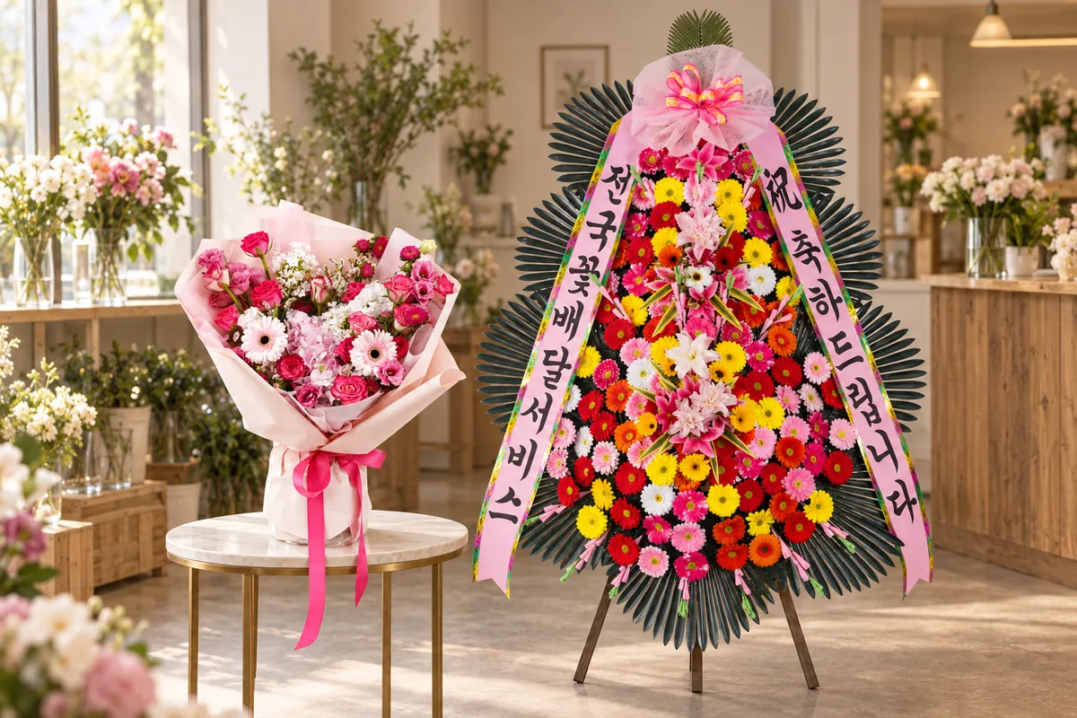 A wrapped bouquet on a table next to a three-tier standing wreath in a flower shop