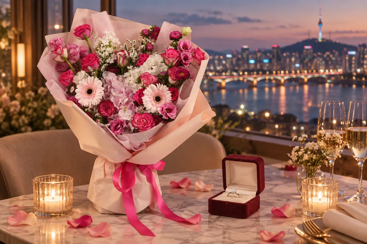 A bouquet and a ring box on a table with a night river view