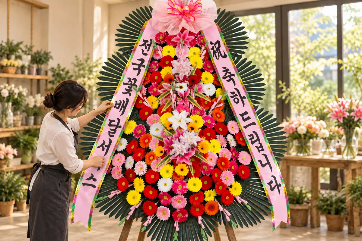 A florist attaching the ribbon to a congratulatory wreath in the shop