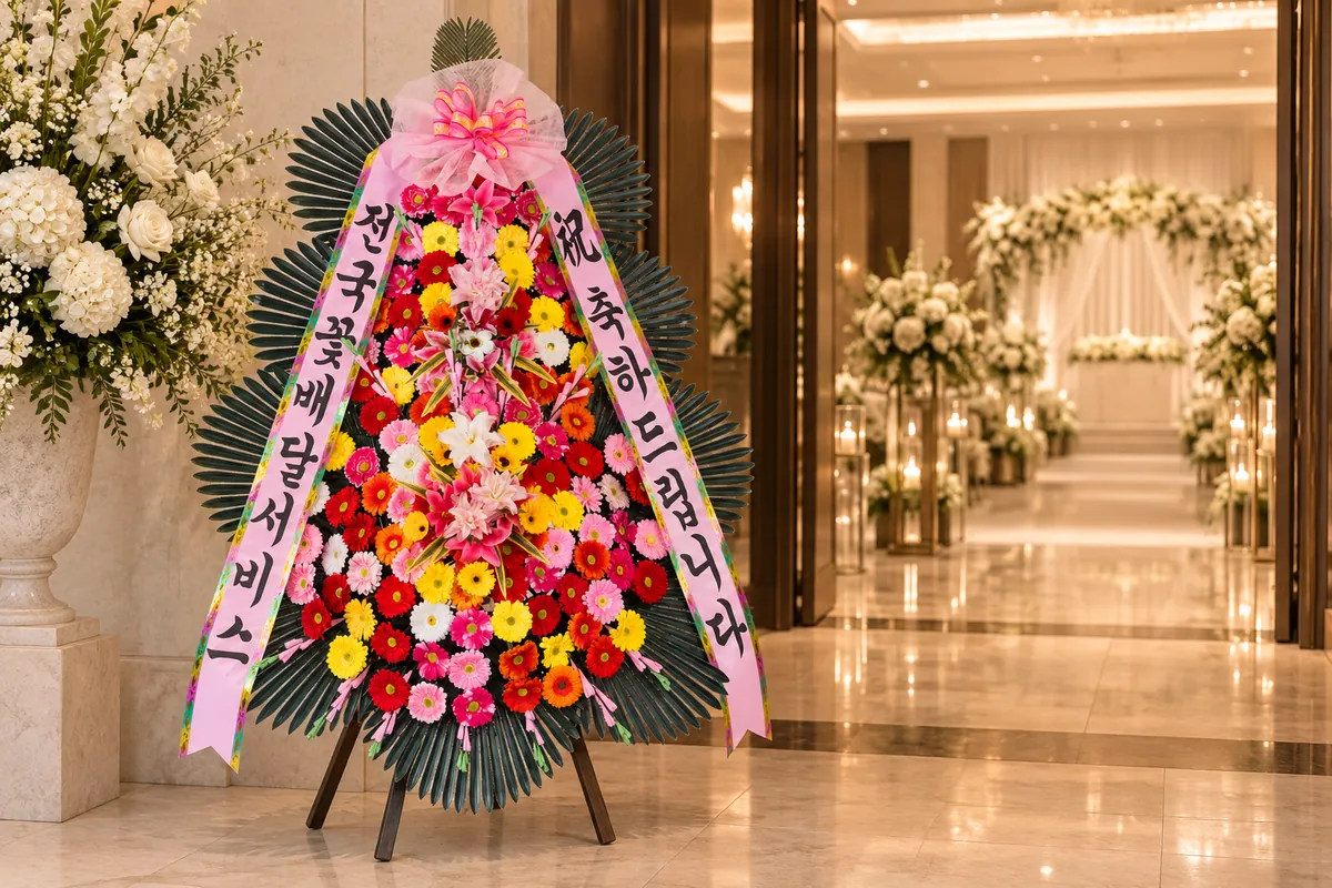 A congratulatory wreath standing at the entrance of a wedding hall