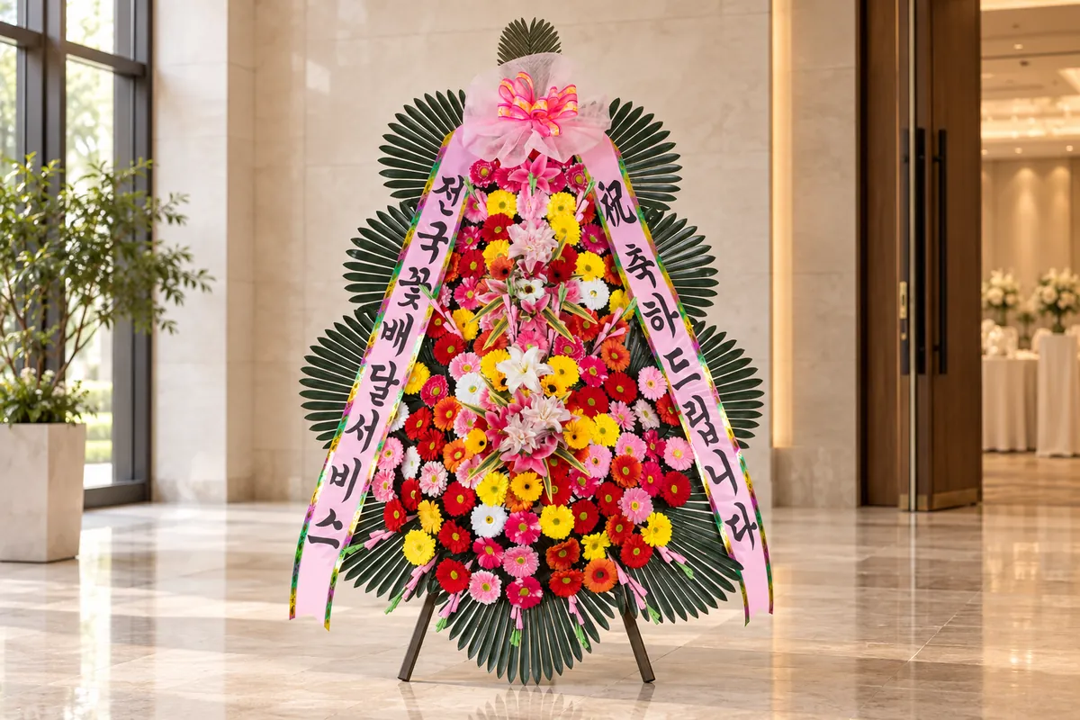 A three-tier congratulatory wreath standing in a marble lobby