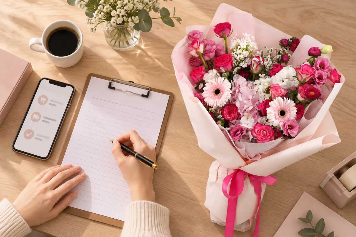 Hands writing on an order form beside a bouquet and a phone