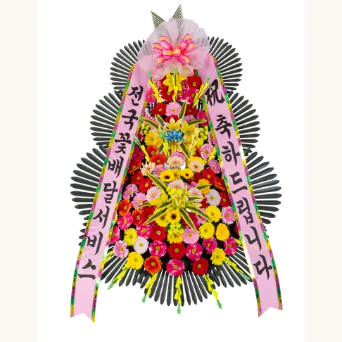 달자네꽃배달 축하화환 3단 고급형 69,000원. 일반형과 같은 3단이지만 쓰는 꽃의 양이 늘어 폭이 넓고 색이 진하다. 거래처처럼 격식이 필요한 자리에 쓴다.